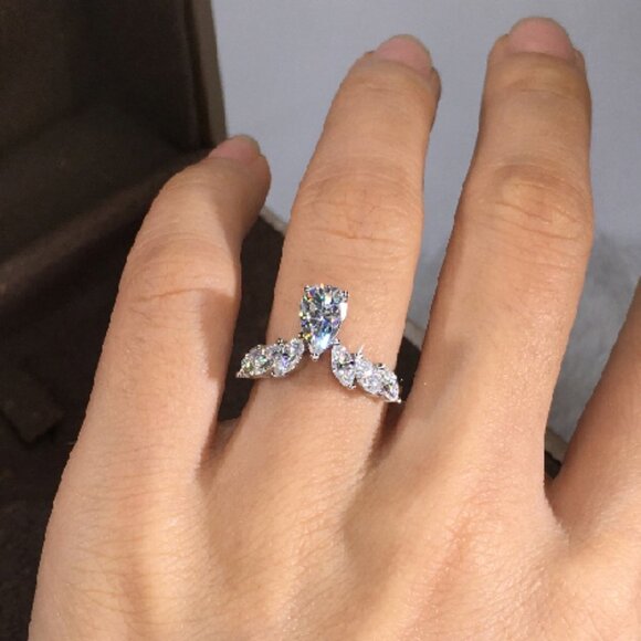 Aletta-1 Angel Wing Engagement Ring: Pear Lab Diamond, 14k  😍Marquis Angle Wings Wedding Anillos Water Drop Pure CZ Pear Ring, L183